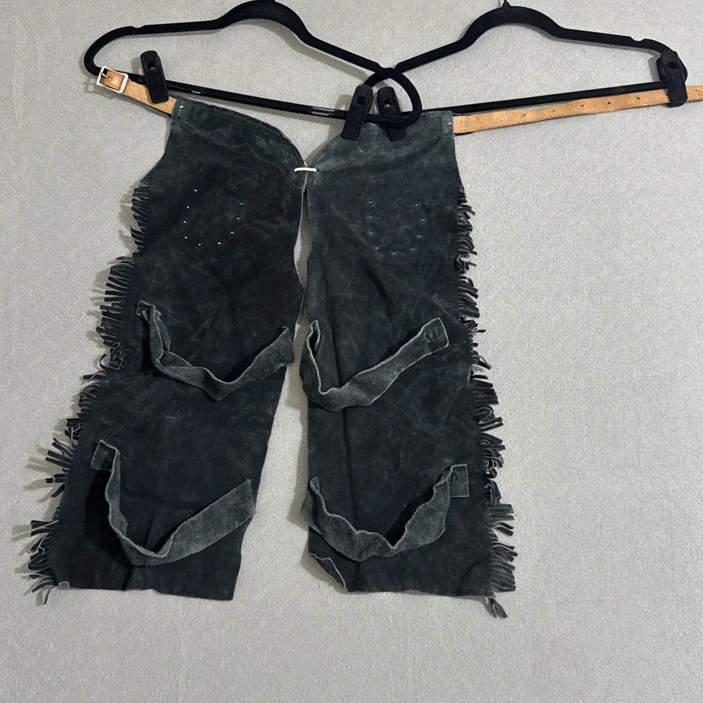 Kids Boys Girls S M Black Suede Leather Western Chaps Cowboy Belted Waist Fringe